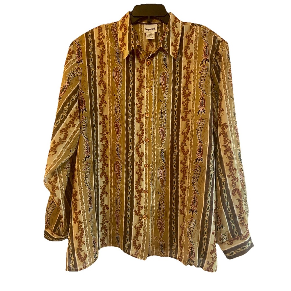 Chocolate & Tawny Brown Paisley Button Up Women's Sz XL Blouse Classic 90s Style